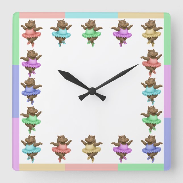 Circus hippo square wall clock (Front)