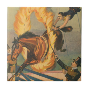 Circus Horse Leaping Through A Flaming Hoop Ceramic Tile