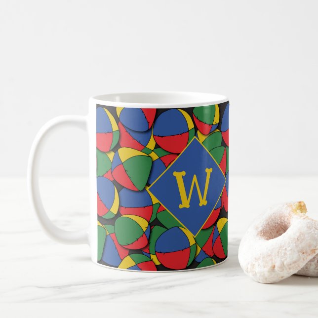 Circus Juggling Artist Patterned Monogram Coffee Mug (With Donut)