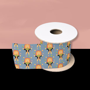 Circus Juggling Lion Pattern Light Blue Ribbon Satin Ribbon