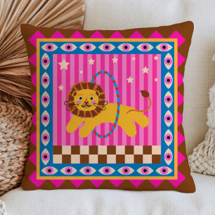 Circus Lion Chequered& Striped Bold Maximalist Cushion