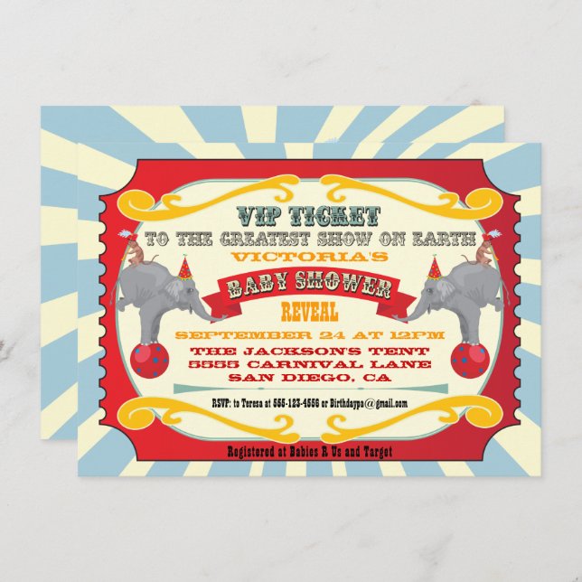 Circus or Carnival Ticket Baby Shower Reveal Invitation (Front/Back)