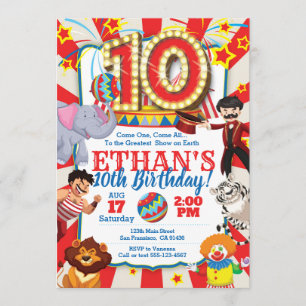 Circus Party Invitation for 10th Birthday
