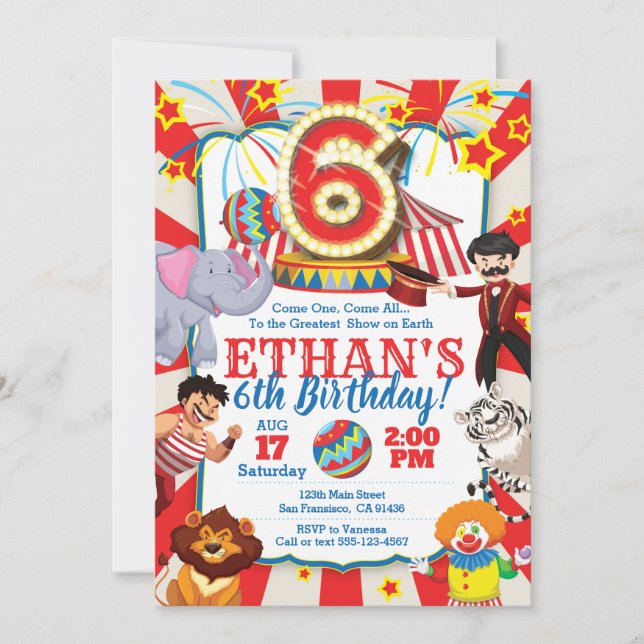 Circus Party Invitation for 6th Birthday (Front)