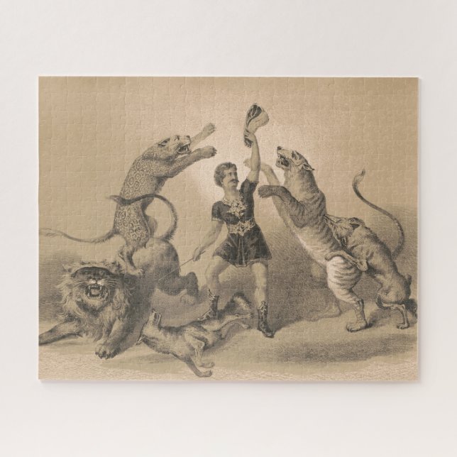 Circus Performer Standing Among Vicious Animals Jigsaw Puzzle (Horizontal)