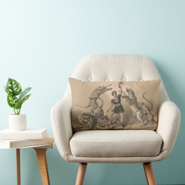 Circus Performer Standing Among Vicious Animals Lumbar Cushion (Chair)
