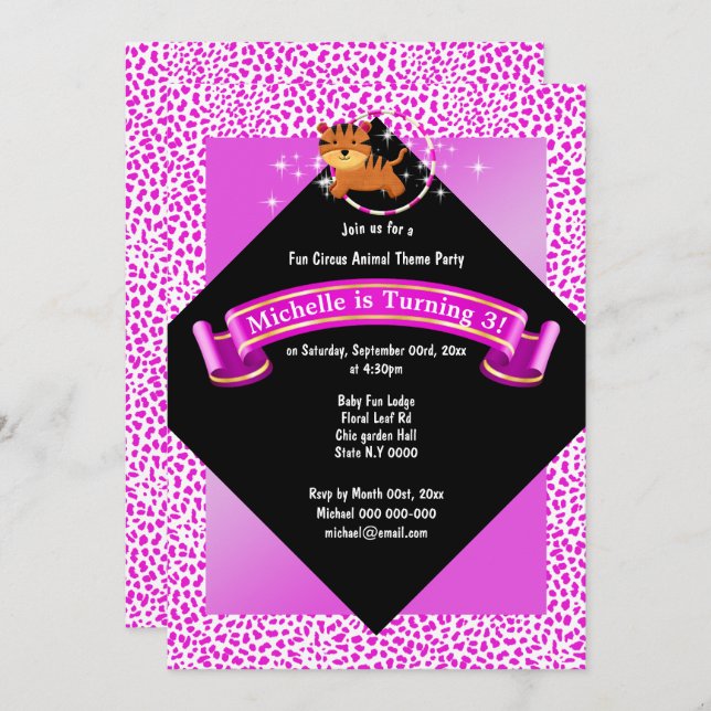 Circus pink baby tiger jumping through hoop print invitation (Front/Back)