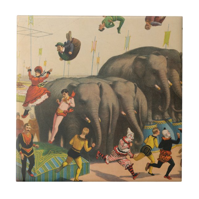 Circus Poster Of Acrobats Jumping Over Elephants Ceramic Tile (Front)