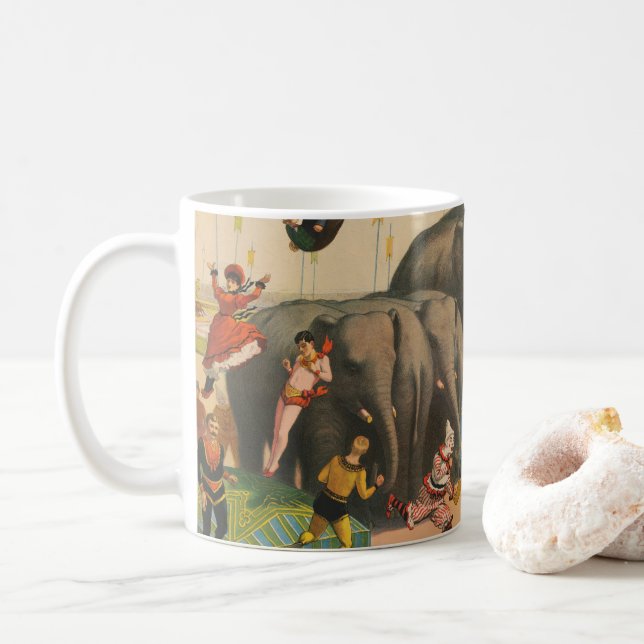 Circus Poster Of Acrobats Jumping Over Elephants Coffee Mug (With Donut)