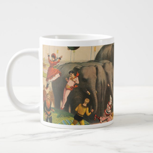 Circus Poster Of Acrobats Jumping Over Elephants Large Coffee Mug (Left)