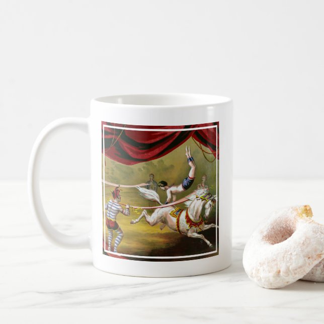 Circus Poster Showing Acrobat Performing On Horse. Coffee Mug (With Donut)