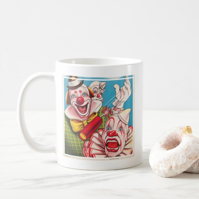 Circus Poster Showing Clown Faces And Fire Cracker Coffee Mug (With Donut)