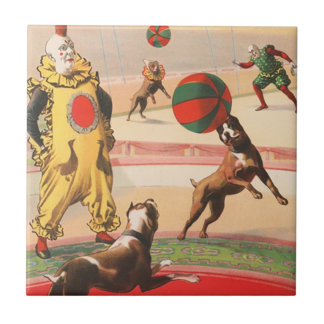 Circus Poster Showing Clowns With Performing Dogs Ceramic Tile (Front)