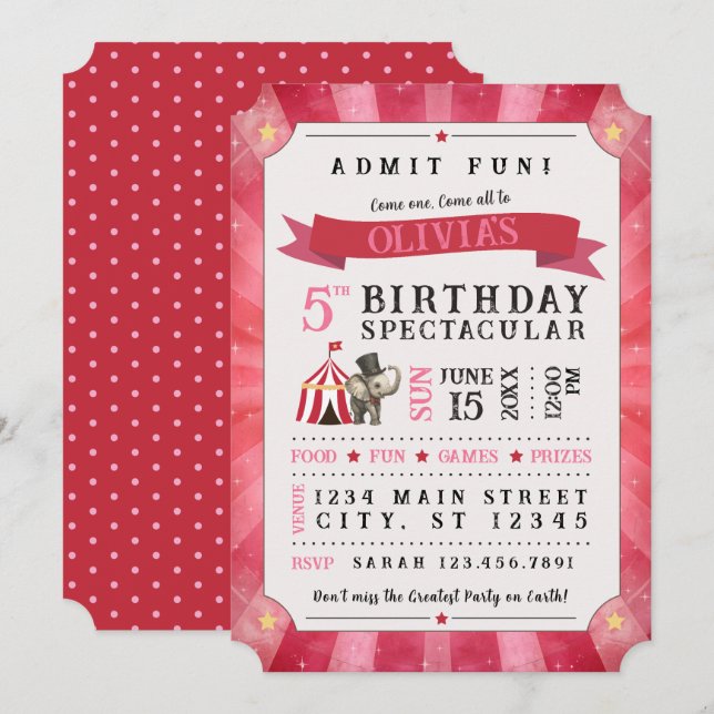 Circus Spectacular Birthday Invitation (Pink/Red) (Front/Back)