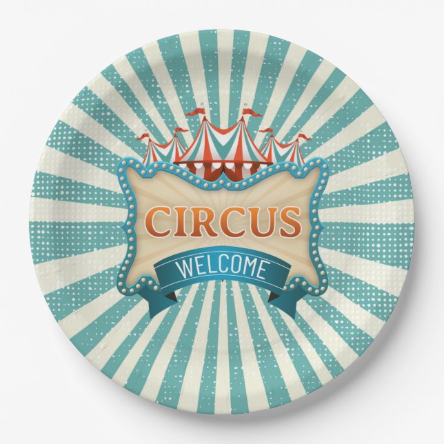 Circus Teal Red Tent Birthday Party  Paper Plate (Front)