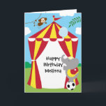 Circus Tent and Animals Birthday Card<br><div class="desc">An adorable birthday design featuring a circus tent with an elephant holding a balloon at the front of the tent and a monkey swinging from a vine. Perfect for celebrating a children's birthday for the circus lover.</div>
