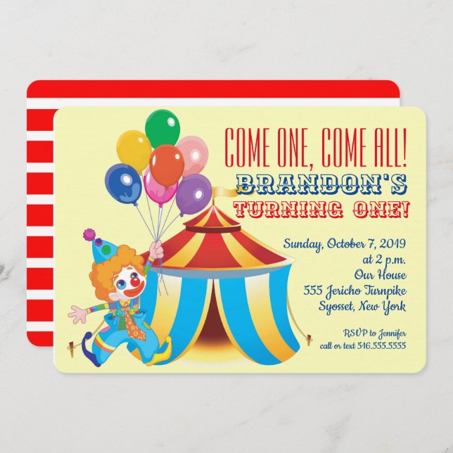 Circus Tent and Clown First Birthday Invitation (Front/Back)