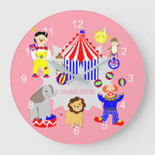 Circus Tent Cartoon Clowns & Animals Personalised Large Clock