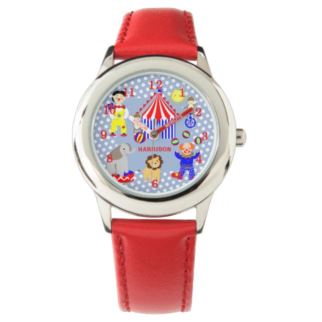 Circus Tent Cartoon Clowns & Animals Personalised Watch (Front)
