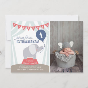 Circus Tent Elephant Birthday Extravaganza Photo Announcement