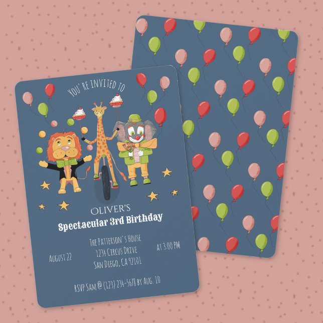 Circus Theme Dark Blue Child Birthday Invitation (Circus theme child's birthday dark blue invitation .)