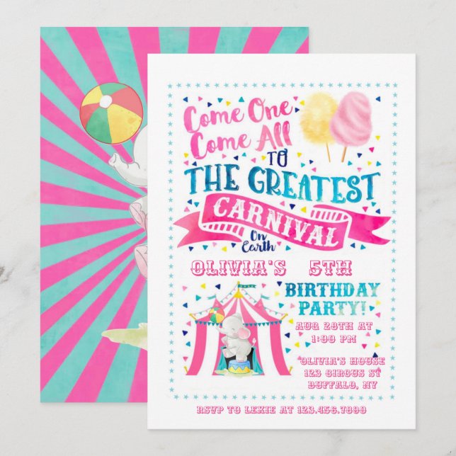 Circus Theme Girl Birthday Party Invitation (Front/Back)