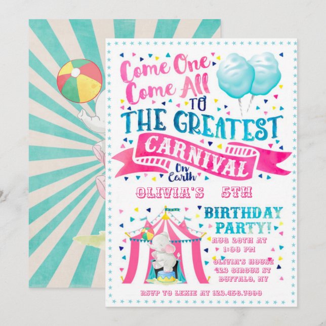 Circus Theme Girl Birthday Party Invitation (Front/Back)