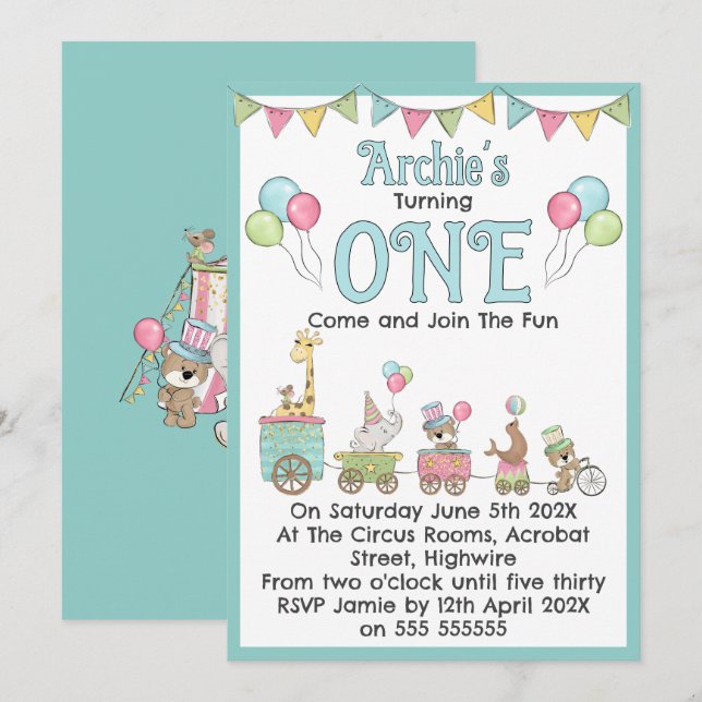 Circus Themed 1st Birthday Invitation (Front/Back)