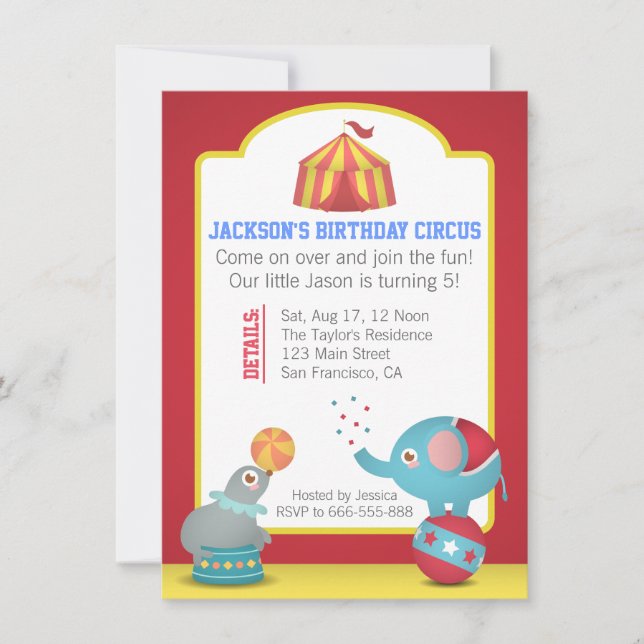 Circus Themed Fun Birthday Party with Cute Animals Invitation (Front)