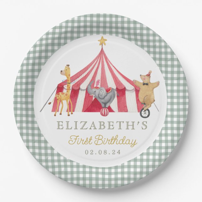 Circus Watercolor Birthday cute animals Paper Plate (Front)