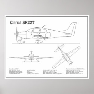 Cirrus SR22T - Aeroplane Blueprint Drawing Plans B Poster