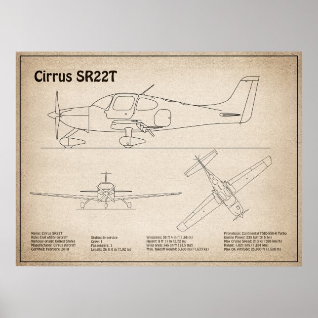 Cirrus SR22T - Aeroplane Blueprint Drawing Plans S Poster (Front)
