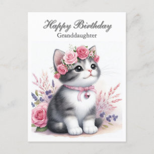 Cite Kitten Pink Roses Granddaughter  Holiday Postcard