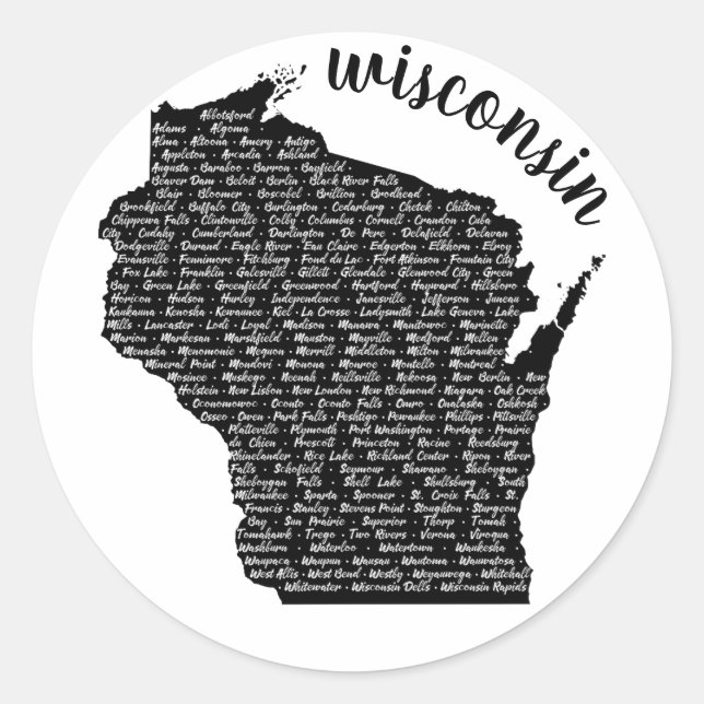 Cities in Wisconsin Black Map Classic Round Sticker (Front)