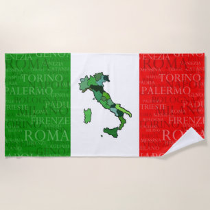 Cities, Map, and Flag of Italy Beach Towel