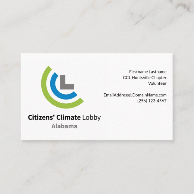 Citizens Climate Lobby Alabama business card (Front)