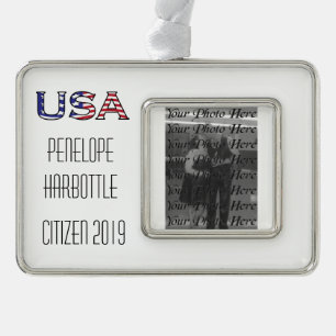 Citizenship Year USA Stars and Stripes Silver Plated Framed Ornament