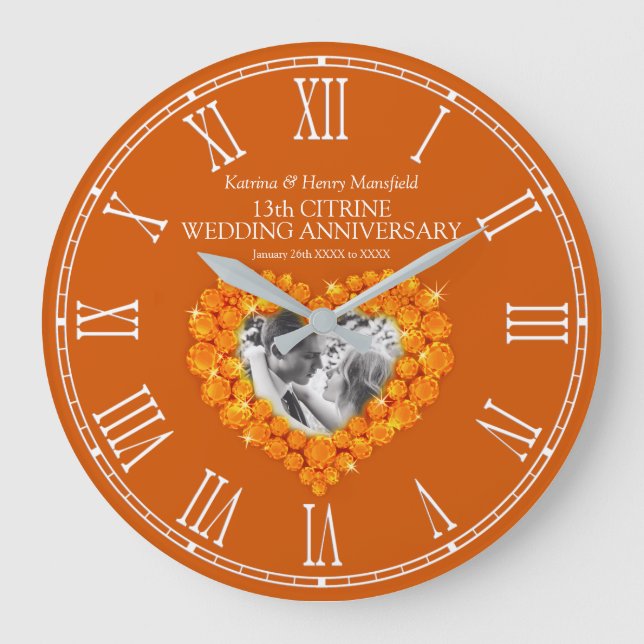Citrine photo heart 13th wedding anniversary  large clock (Front)