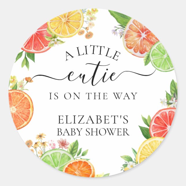 Citrus A Little Cutie Baby Shower Classic Round Sticker (Front)