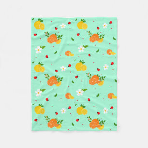 Citrus and Ladybug Botanical Pattern with Flowers Fleece Blanket