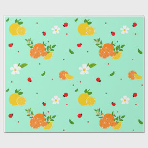 Citrus and Ladybug Botanical Pattern with Flowers Wrapping Paper