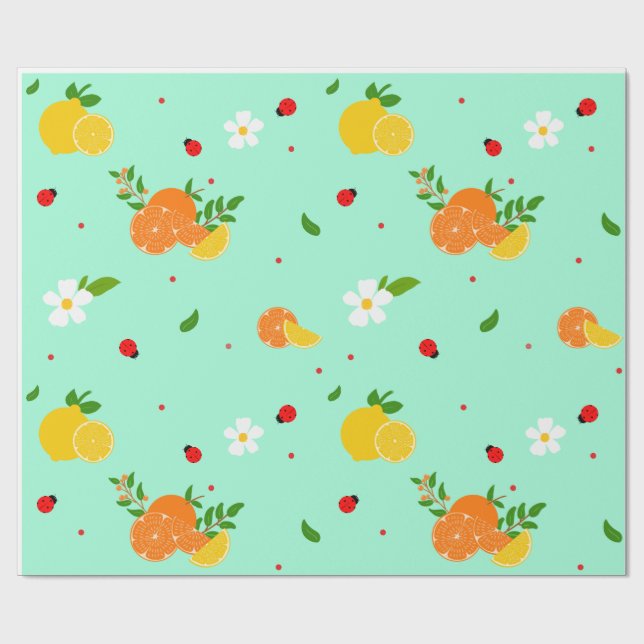 Citrus and Ladybug Botanical Pattern with Flowers  Wrapping Paper (Flat)
