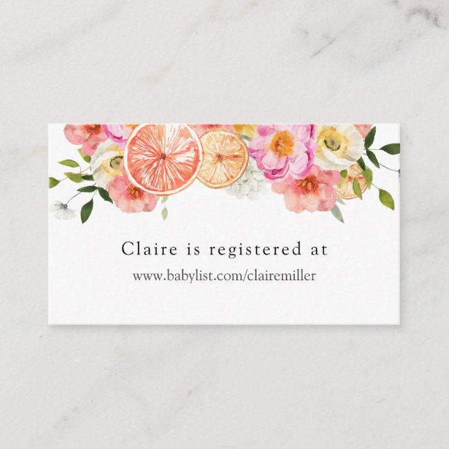 Citrus and Pink Flowers Baby Shower Registry  Enclosure Card (Front)