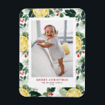 Citrus and Winter Greenery Pattern Christmas Photo Magnet<br><div class="desc">Merry Christmas! Give warm holiday greetings to your family and friends with this customisable photo Christmas photo magnet. It features watercolor botanical pattern of citrus, lemon slices, greenery and holly. Personalise this watercolor Christmas photo magnet by adding your details. This lemon Christmas photo magnet is available in a variety of...</div>