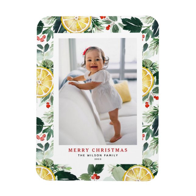 Citrus and Winter Greenery Pattern Christmas Photo Magnet (Vertical)