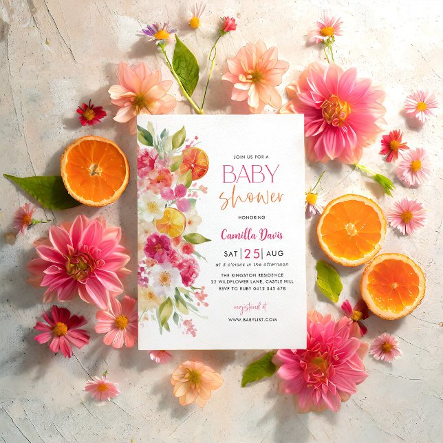 Citrus Baby Shower, Bright Floral Mediterranean Invitation (Citrus Baby Shower Invitation with bright floral design and oranges. Mediterranean theme)