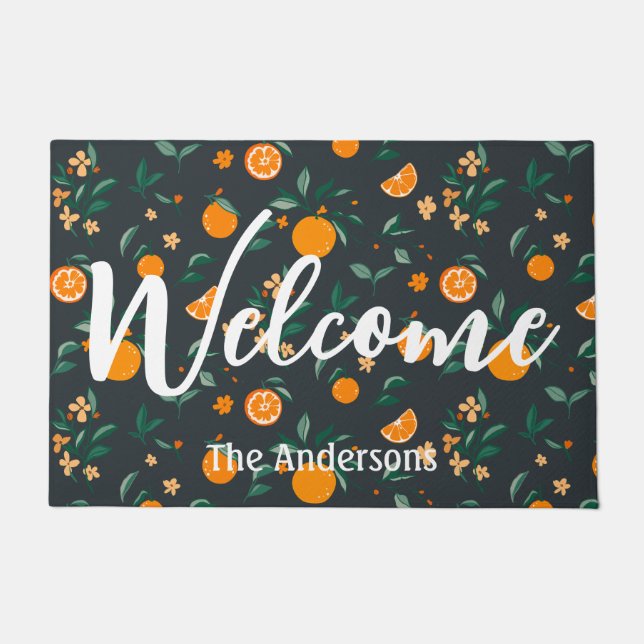 Citrus Bloom Oranges & Botanical Foliage Welcome Doormat (Front)