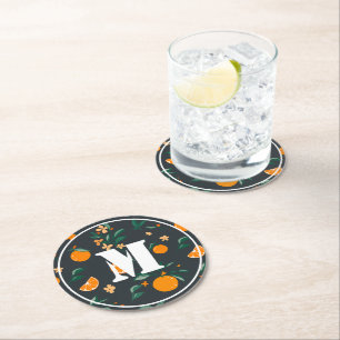Citrus Bloom Oranges & Foliage Bontanical Round Paper Coaster