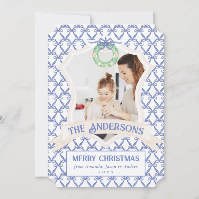 Citrus Blue Chinoiserie Crest One Photo Christmas Holiday Card (Front)