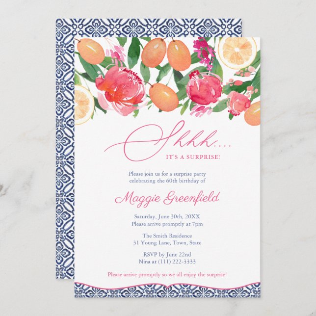 Citrus Blue Tiles Lady's Surprise Birthday Party Invitation (Front/Back)